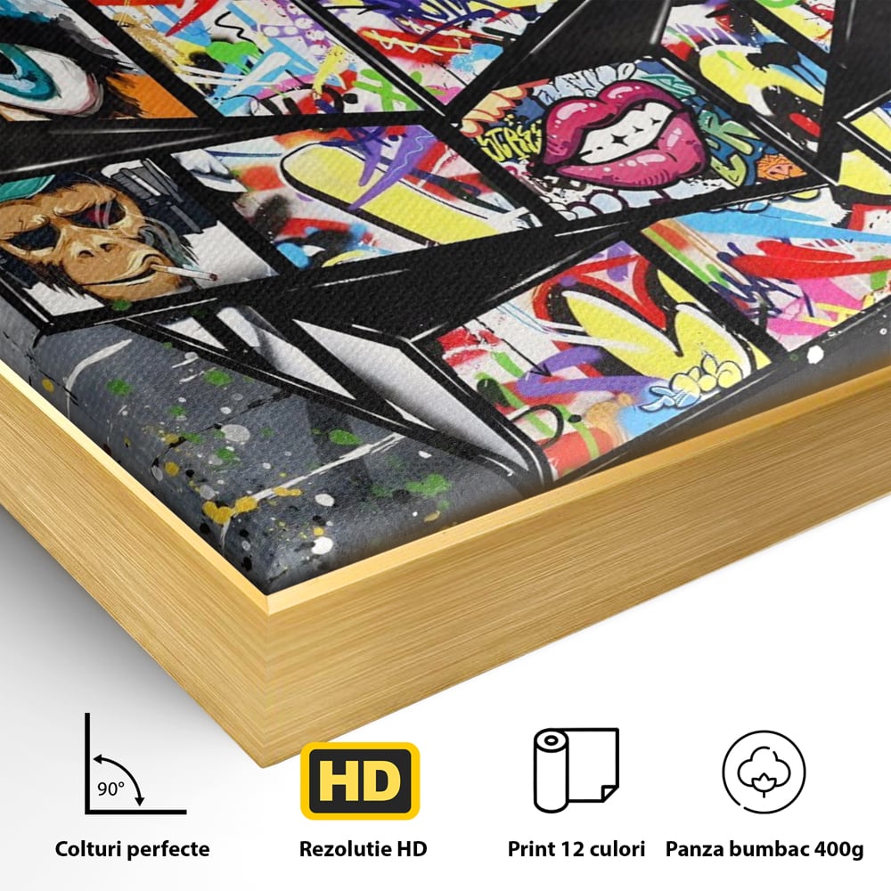 Detaliu al suprafetei: tablou canvas cu cub rubik graffiti, in rama de aluminiu auriu